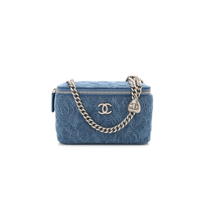CHANEL DENIM QUILTED SWEETHEART SMALL VANITY CASE WITH CHAIN BLUE AP3204 (17*9.5*8cm)